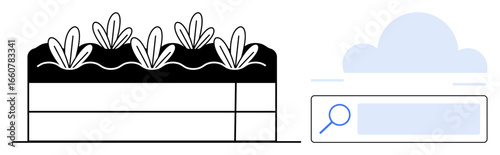 Raised garden bed with sprouting plants next to a search bar and abstract cloud element. Ideal for sustainability, agriculture, technology, data management, gardening, innovation, and simple landing