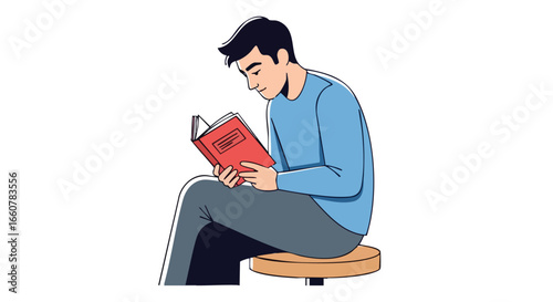 Illustration of a focused young man engrossed in a book while comfortably seated on a stool, showcasing reading comprehension