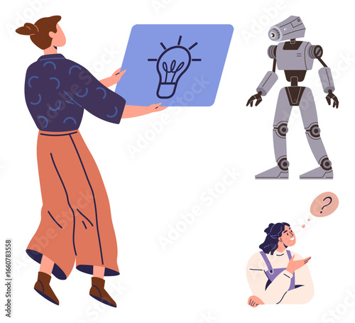 Person presenting idea on screen to robot, observer expressing curiosity. Ideal for technology, innovation, creativity, teamwork, problem-solving, AI integration education. Simple flat metaphor