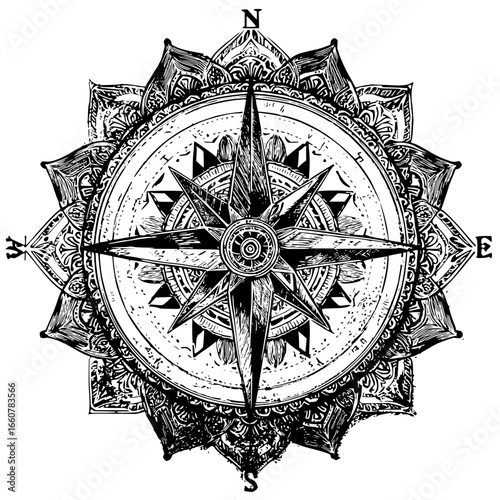 Compass rose mandala art spiritual direction and mystical symbol guidance,inner exploration Perfect for meditation, zen practices bohemian design 