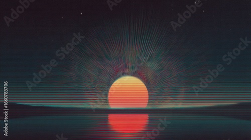 Retro wave sun rising above abstract water with vibrant light bursts, colorful horizontal line glitches, and dark starry sky.