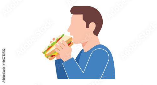 Man eating a layered sandwich with fresh vegetables and savory fillings in a colorful and tasty graphic design presentation