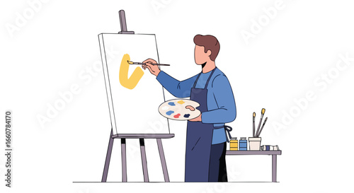 Illustration depicting a faceless artist engrossed in their painting, holding a palette in hand expressing creativity on the canvas and artistic flair