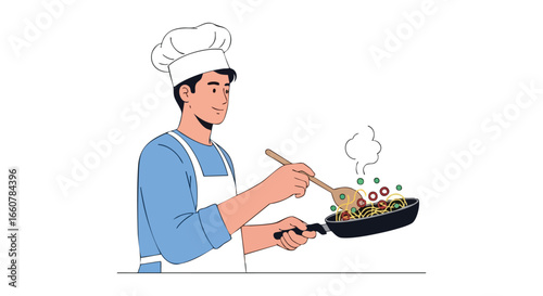 Enthusiastic cook preparing a delicious meal, expertly stirring noodles in a frying pan with a wooden spoon creating steam against a white background