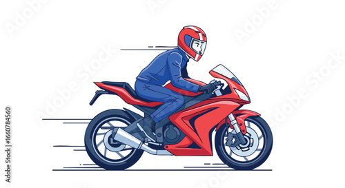 Stylized illustration of a motorcyclist speeding on a red sportbike emphasizing speed with motion lines and clean modern design elements portraying