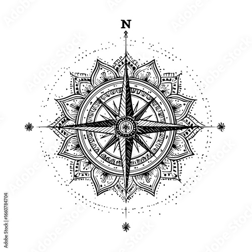 Spiritual compass mandala chakra energy art, mystical symbol promoting balance and inner peace