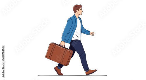 Illustration of a Traveling Young Man with a Suitcase Ready for a Journey or Business Trip Portraying Movement and Professionalism with Stylish