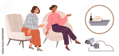 Two women seated in chairs discussing supply chain topics, accompanied by shipping container graphics, a ship, and a surveillance camera. Ideal for teamwork, logistics, planning, supply chain