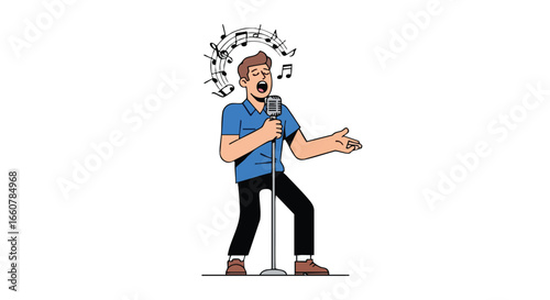 Expressive Singer Performing with Vintage Microphone, Musical Notes Flowing Above Head, Capturing The Art of Vocal Performance and Nostalgic Ambiance