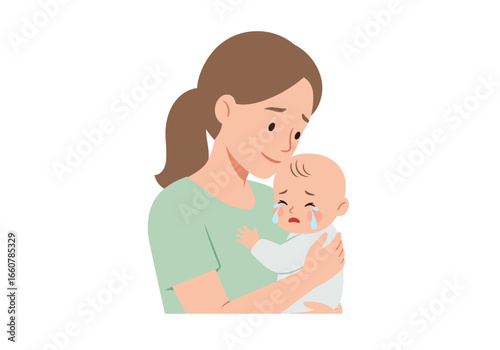 Woman hugs crying baby gently, providing comfort. Suitable for parenting articles, childcare pamphlets, mental health resources, and emotional wellbeing materials.