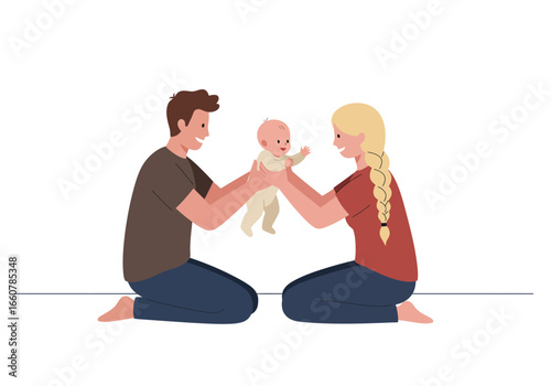 Happy couple sitting with baby, smiling. Suitable for family, parenting, happiness, new beginnings, love, and relationshipthemed designs.
