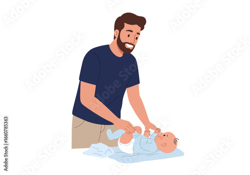 Caring father changing his babys diaper. Perfect for parenting blogs, childcare websites, and familyoriented advertisements.