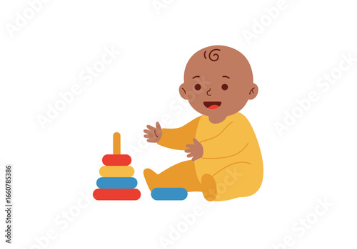 Happy baby playing with stackable ring toy. Suitable for parenting blogs, educational materials, baby product advertisements, and childrens websites.