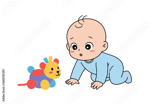Babys playful exploration of a colorful animal toy captures the joy and innocence of childhood, perfect for parenting blogs or early development materials.
