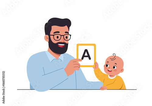 Man engaging baby with alphabet card. Suitable for educational content, parenting materials, child development resources, and familyfocused designs.