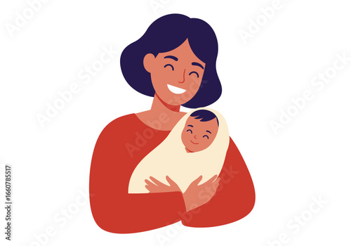 Smiling woman tenderly holds a happy newborn baby in white cloth. Suitable for parenting, family, newborn care, childcare concepts.