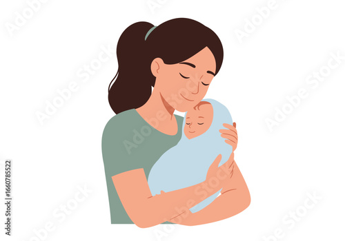 Mothers loving embrace of baby in blue wrap conveys warmth and comfort, ideal for parenting blogs, familyrelated content, or childcare publications.