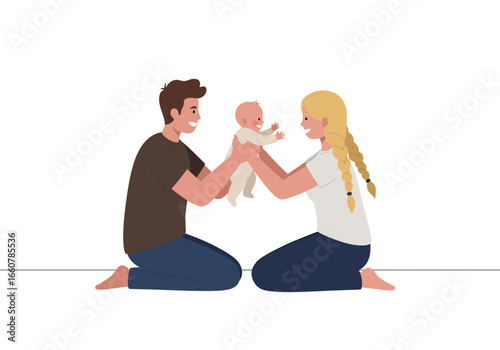 Smiling parents hold up their infant child, radiating happiness. Ideal for familyrelated designs and marketing materials.