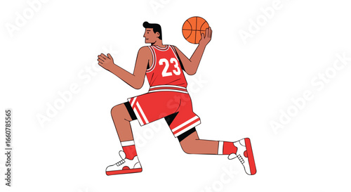 Illustrative depiction of a basketball athlete poised for a dynamic jump shot with vibrant red and white accents against a clean backdrop