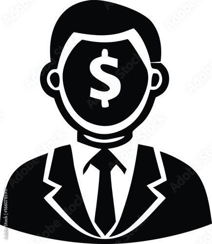 Stylized silhouette of a businessman with a prominent dollar sign emblem on his face symbolizing wealth financial success and business acumen
