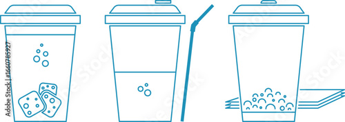 Vector cups of coffee, ice and drink cups, soft drinks, paper napkins, water and soda