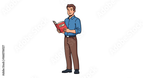 Illustration of a man immersed in reading a book, dressed casually against a clean white background showing concentration and enjoyment of literary