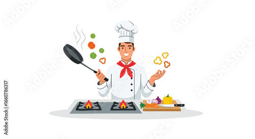 Animated chef expertly tossing colorful vegetables in a pan over a fiery stove element, showcasing culinary finesse and kitchen mastery in culinary