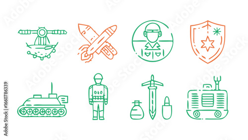 Collection of military and warfare related line art icons featuring a drone missiles soldier shield tank sword grenade and armored vehicle on a black background