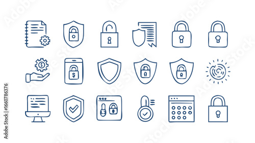 Collection of hand drawn blue security icons featuring locks shields documents computer monitor and financial symbols on a black background