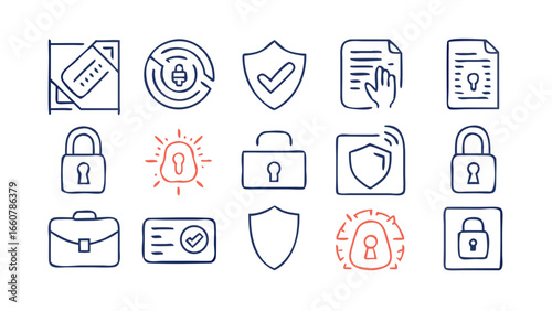 Collection of modern line art icons representing digital security and data protection concepts including locks shields documents and a briefcase on a black background