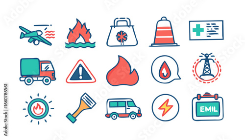 Collection of hand drawn emergency and safety icons representing various hazards and services including transportation fire medical and utilities on a black background