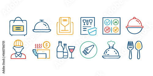 A collection of colorful flat design icons representing various aspects of the food and beverage industry including delivery dining and service