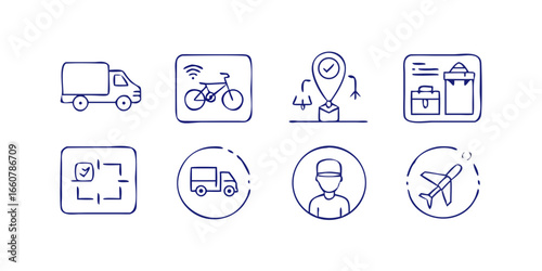 Collection of hand drawn blue icons representing logistics and delivery services including trucks bicycles location tracking and airplanes