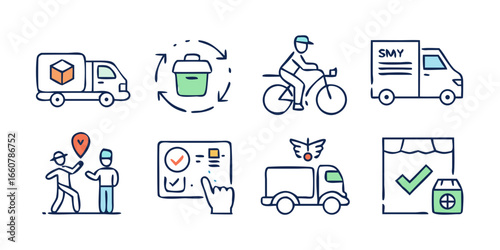 Set of simple hand drawn icons representing logistics and delivery services including trucks bicycles and package tracking with a black background