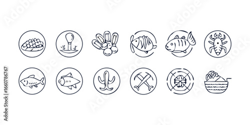 A collection of simple outline icons representing various food items and concepts including seafood agriculture and insects on a dark background