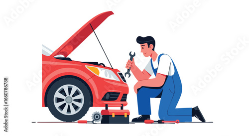 Dedicated mechanic in blue overalls diligently repairs a vibrant red car with open hood, toolbox and wrench showcases automotive maintenance expertise