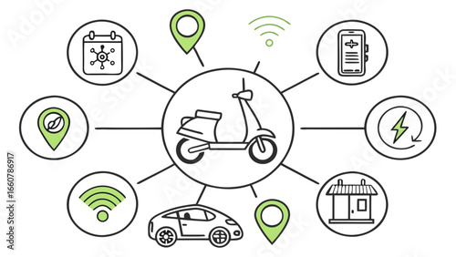 Conceptual illustration of a smart electric scooter connected to various services including navigation charging stations mobile app calendar and wi fi signals