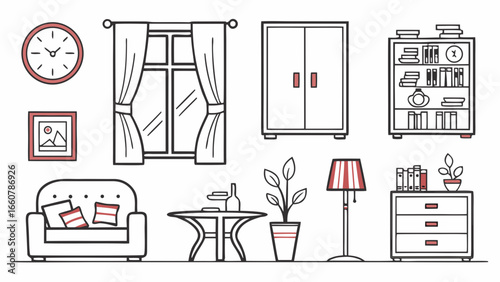 A collection of simple line art illustrations depicting various home furniture and decor items including a sofa table plants lamp clock window with curtains and storage units