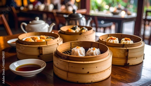Wallpaper Mural Steamed Dim Sum Baskets with Dumplings and Soy Sauce in Traditional Restaurant Setting Torontodigital.ca