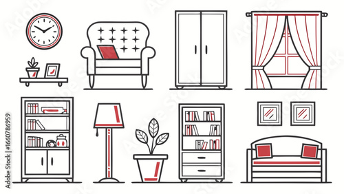 Collection of stylized line art illustrations featuring home interior furniture and decor elements like a clock armchair wardrobe curtains bookshelves lamp potted plant and sofa