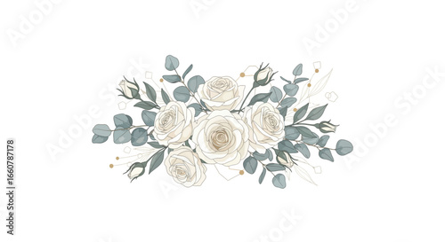 Elegant floral arrangement of white roses and eucalyptus leaves on white background.