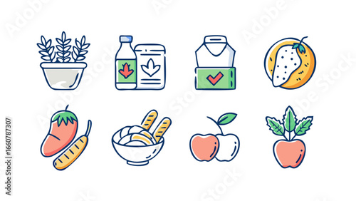 Collection of stylized flat icons representing various food items and grocery products including fresh produce packaged goods and healthy ingredients on a black background