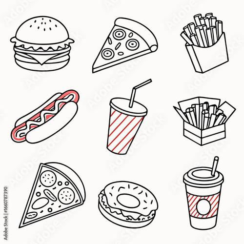 A collection of popular fast food items including a hamburger pizza slices french fries hot dogs and drinks with a simple outline and red stripe design on a white background