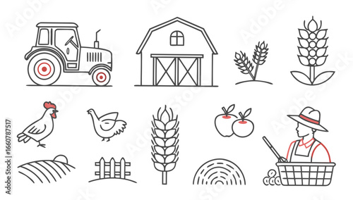 Collection of stylized farm icons including a tractor barn wheat chickens apples farmer fields and fence representing agriculture and rural life