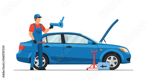 Automotive Technician Inspecting a Blue Sedan with Hood Open in Repair Garage, Flat Vector Illustration