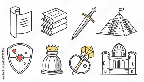 A collection of stylized icons representing medieval and historical elements including a scroll books a sword a pyramid a shield a chess piece a ring and a castle