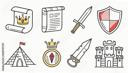 Collection of medieval fantasy icons featuring a crowned scroll a royal decree a sword a shield a pyramid tent a gemstone compass a dagger and a castle