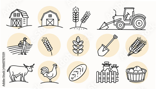 A collection of simple line art icons representing various aspects of agriculture including barns wheat a farmer a tractor a cow a rooster bread milk jugs and a basket of eggs