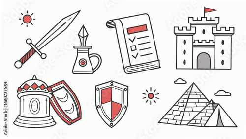 A collection of hand drawn icons representing historical elements including a sword shield castle pyramid checklist and sun perfect for educational or thematic designs