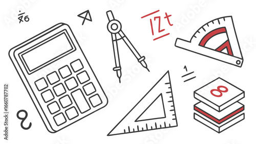 A collection of hand drawn math and geometry tools including a calculator compass protractor ruler and mathematical symbols on a white background